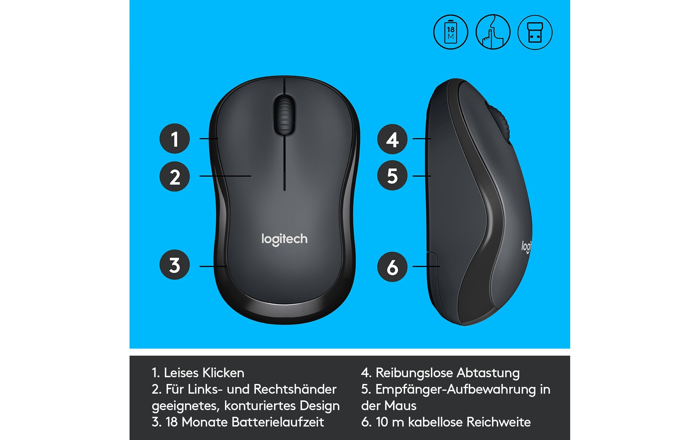 Maus M220 Silent , kabellosGeräuscharme USB-Funkmaus für Links- & Rechtshänder