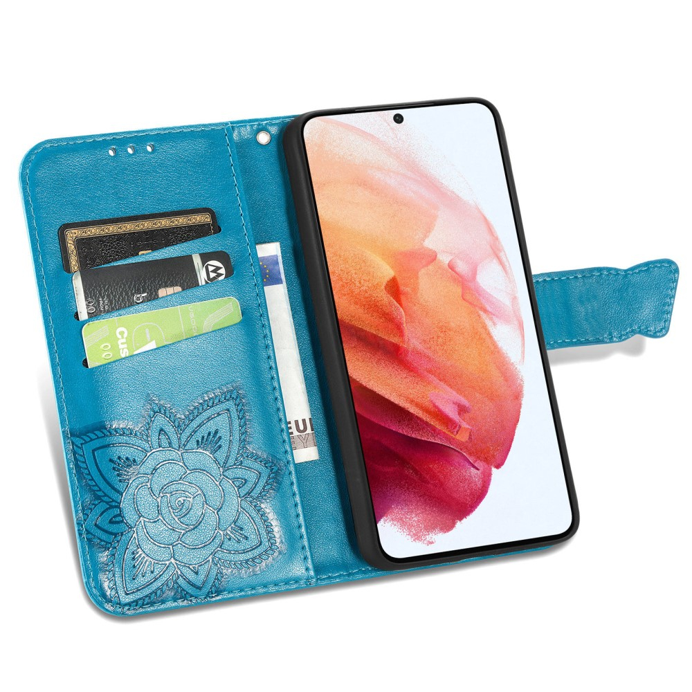 Samsung Galaxy S21 FE 5G Leder Tasche mit Kartenfach   Handschlaufe Schmetterling - Blau
