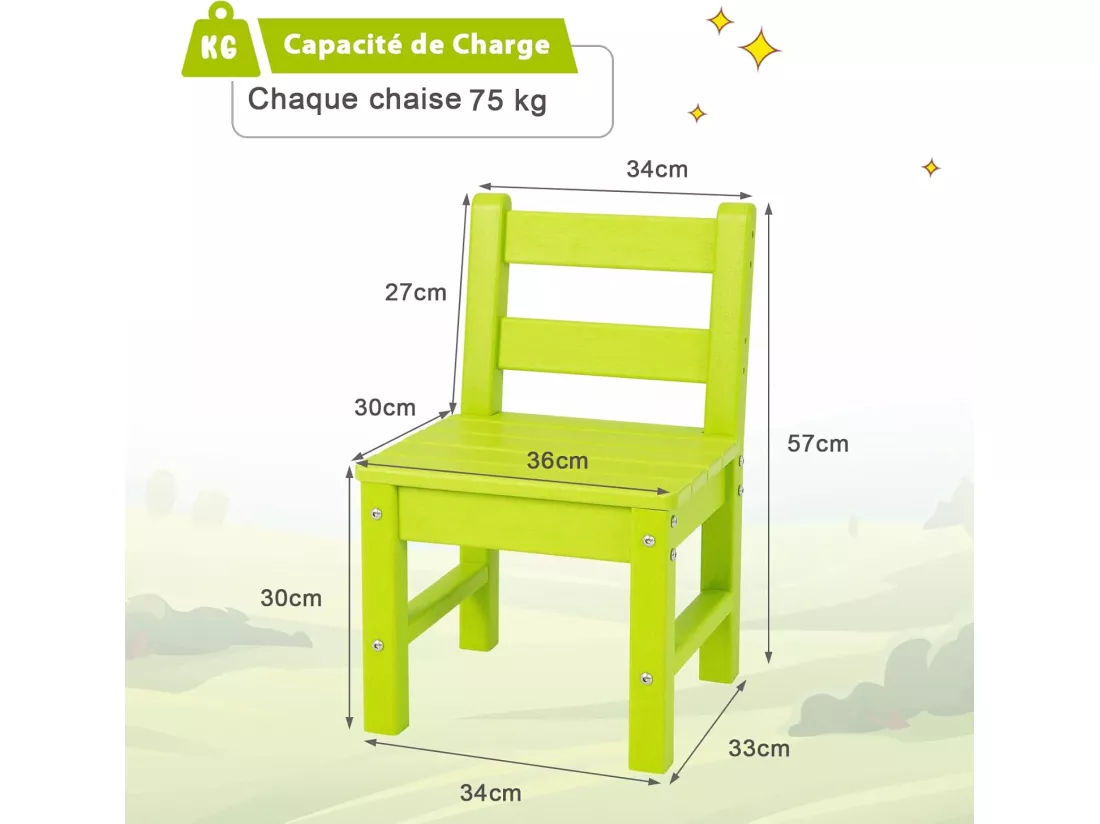 Lot de 2 Chaises pour Enfants en Plastique PE - 34 x 33 x 57 cm (L x l x H) Vert