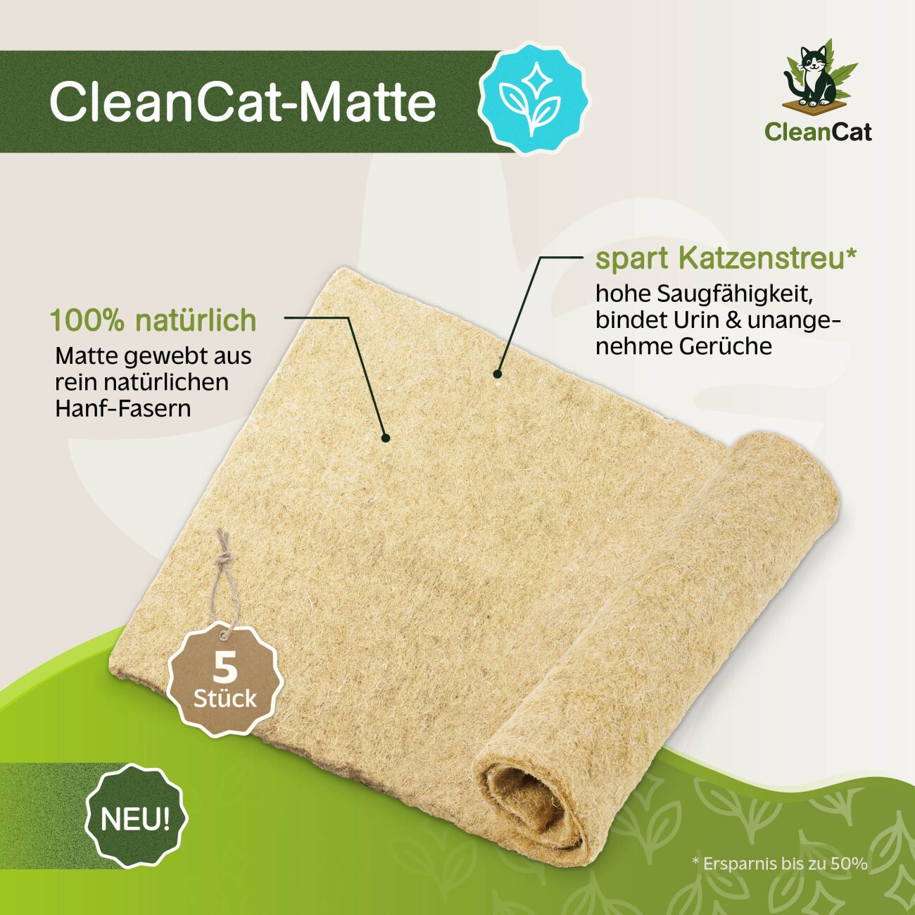 Rohrschneider CleanCat Hanfmatte 5 mm stark als Katzenstreu-Ersatz, zuschneidbar, geruchsneutralisierend 5