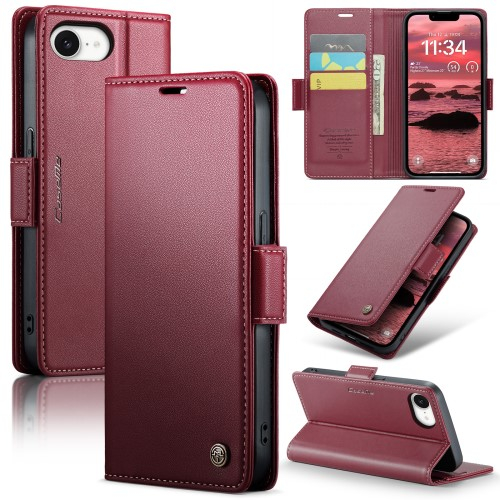 iPhone 16e Leder Tasche Flip Wallet Etui mit Kartenfächern Litchi Look (RFID Schutz) - Rot