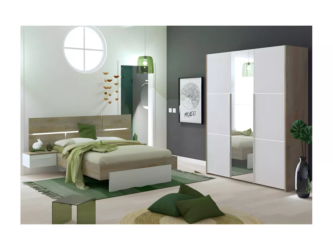 NINO LIGHT - Lit 160x200cm avec Leds et Chevets Suspendus + Armoire 3P