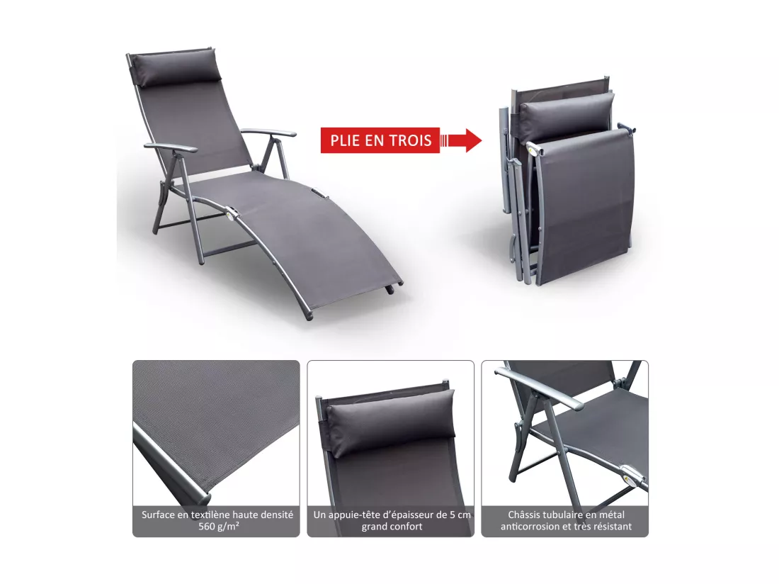 Outsunny transat chaise longue bain de soleil pliable dossier inclinable multi-positions têtière fournie 137L x 64l x 101H cm métal époxy textilène gris