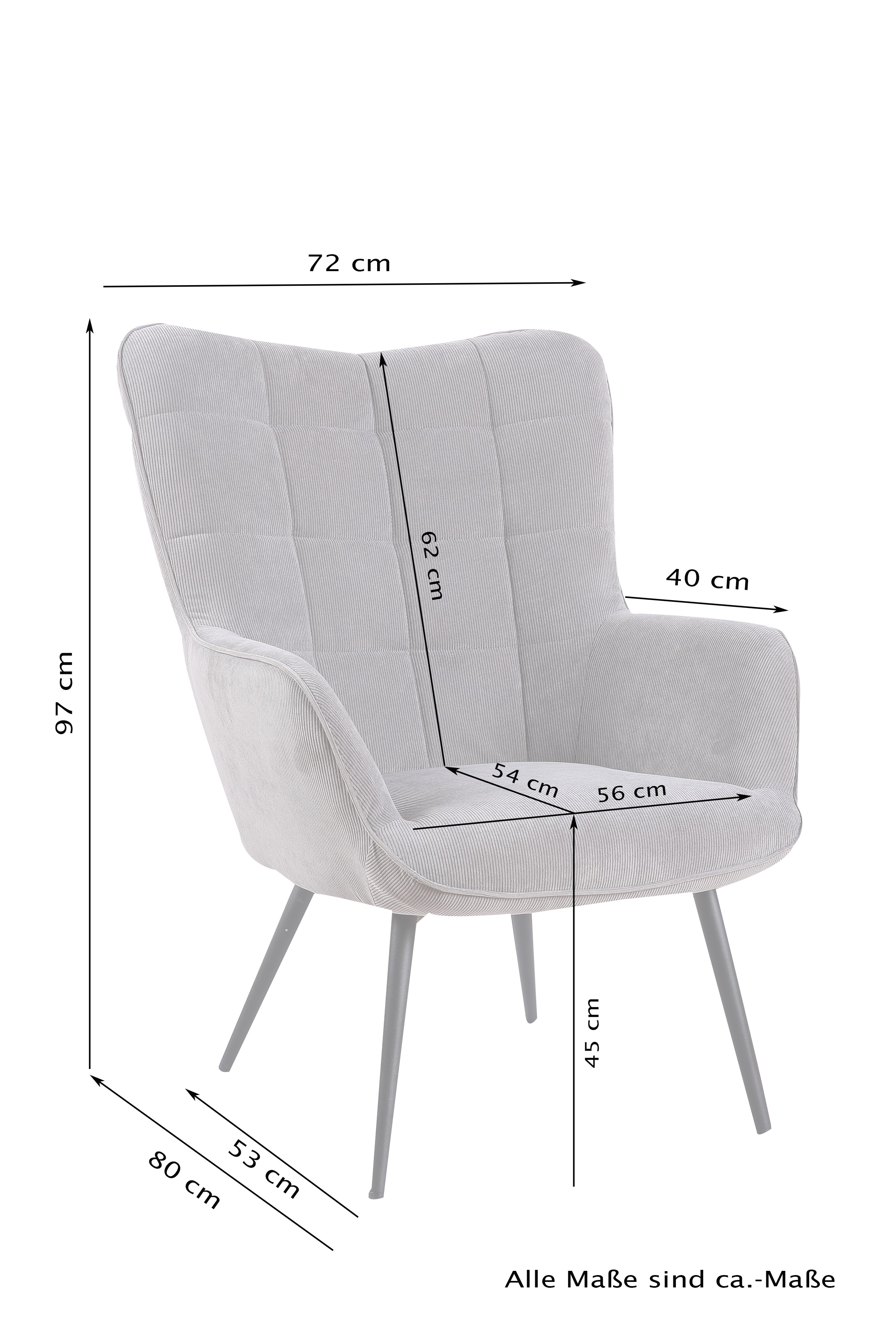 byLIVING Sessel UTA, Cordbezug grau, Gestell Metall schwarz