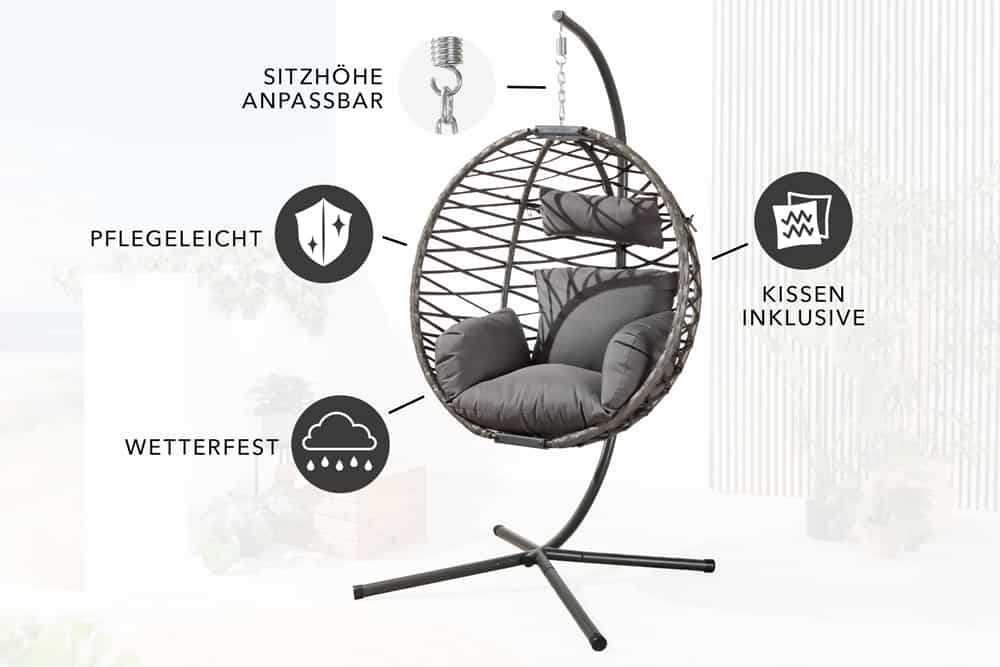 In- und Outdoor Hängesessel IBIZA anthrazit Rattan mit Gestell wetterfest inkl. Kissen