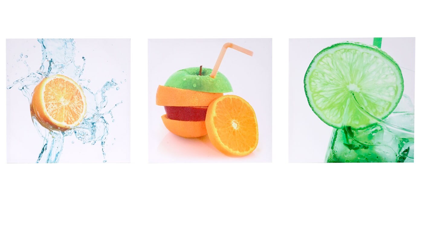 Leinwandbild H376, Wandbild Keilrahmenbild Kunstdruck, 3-teilig 150x50cm ~ Obst