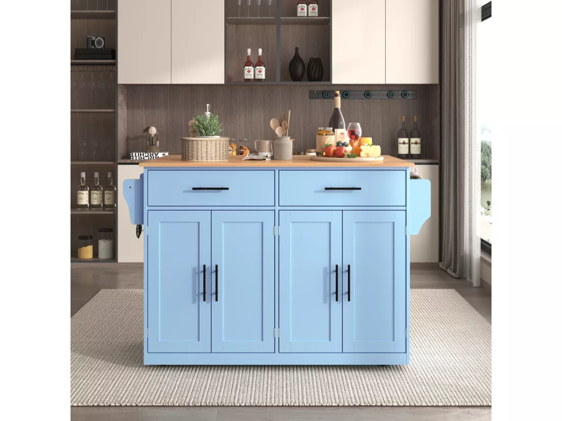 Ilot central de cuisine mobile avec 4 portes et 2 tiroirs - Plateau extensible - 120x46(70)x91 cm - Bois MDF - Bleu et naturel