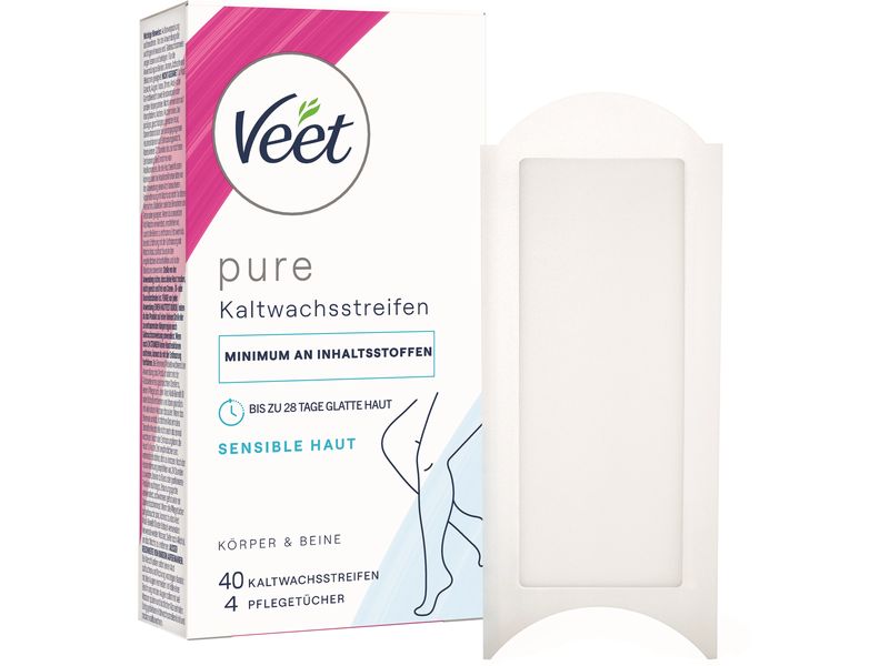 Veet Kaltwachsstreifen Körper und Beine Sensible Haut 40 St Praktische Kaltwachsstreifen mit spezieller Gel Formel und Mandelöl