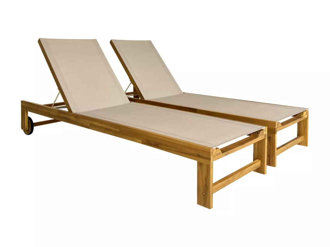Lot de 2 bains de soleil en bois d'acacia et textilène beige. multi positions avec roulettes