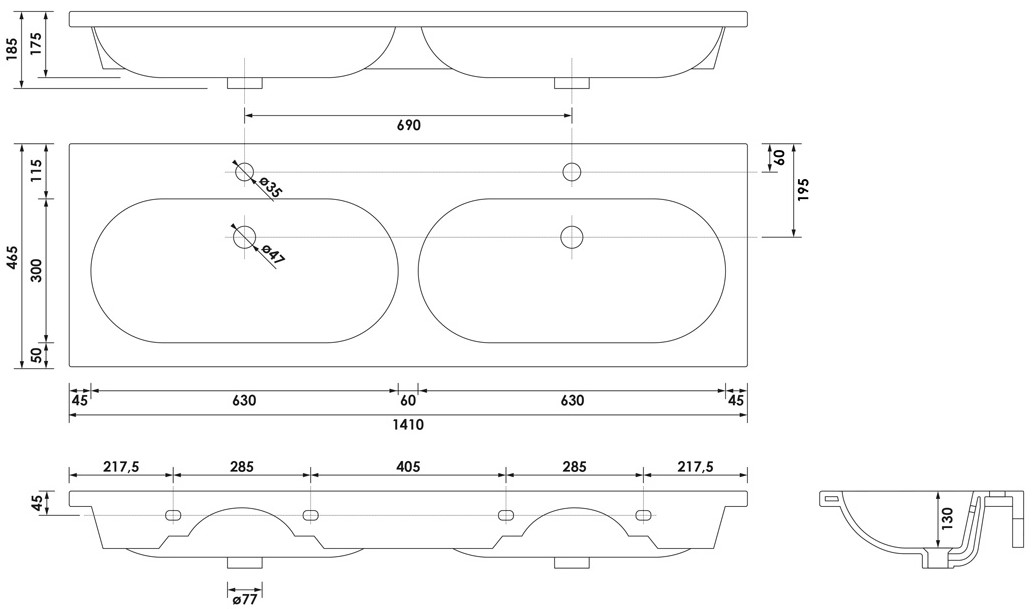 Brauer Moon dubbele wastafel keramiek 140cm met 2 kraangaten wit glans