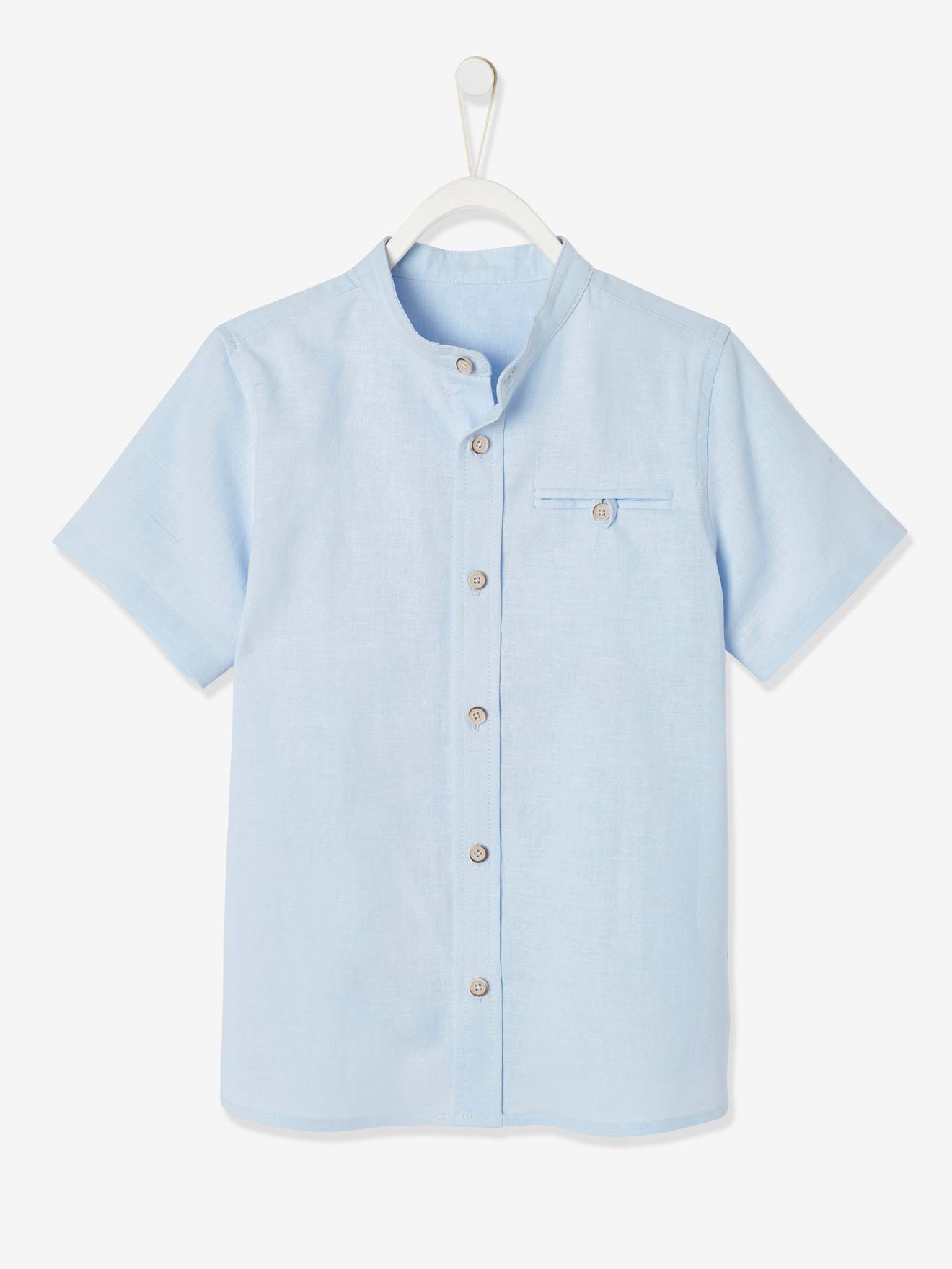 Camisa lisa branca de algodão/linho com gola mandarim e mangas curtas para meninos