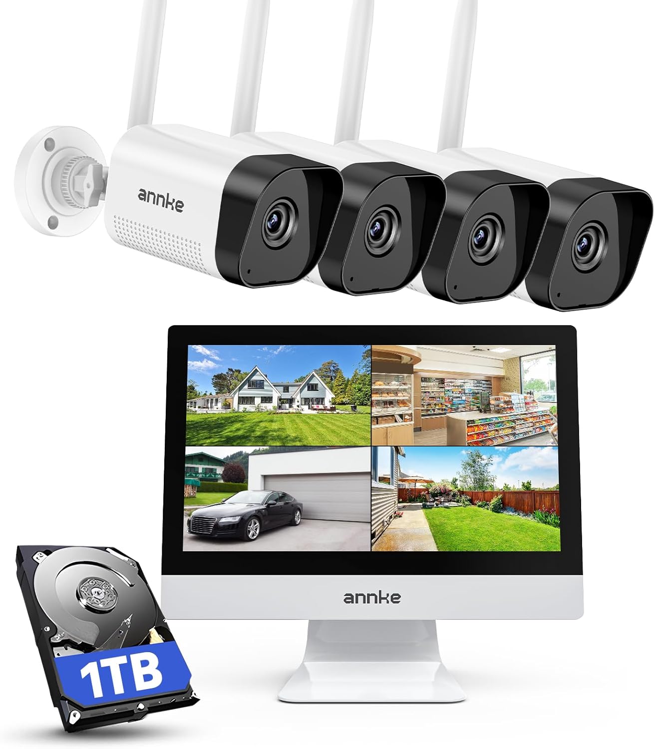 ANNKE 3MP Überwachungskamera Set Aussen WLAN mit 12''Monitor, 10CH 4K Wireless NVR mit 4 Pcs 3MP WiFi Kameras, 2-Wege-Audio, Personenerkennung, 24/7 Aufnahme, 30M Nachtsicht für Aussen, Innen, 1TB HDD
