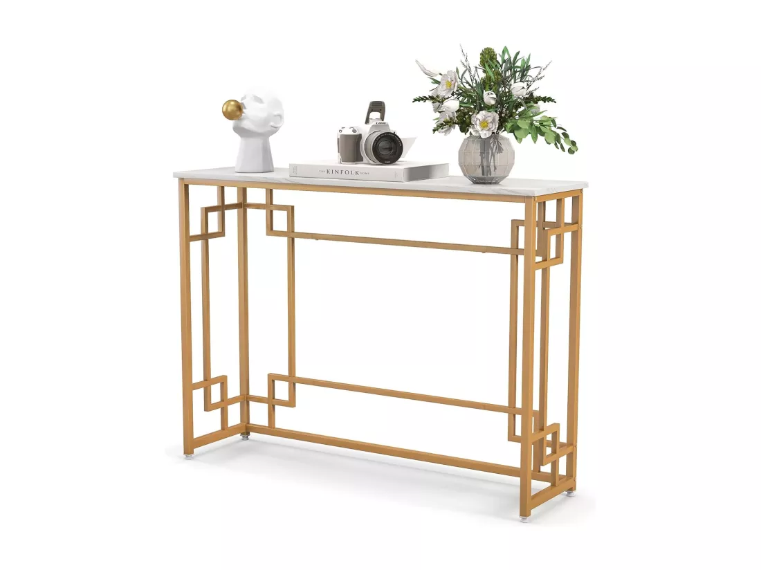 Table console, en faux marbre, cadre en métal doré, design géométrique, 110 x 30 x 81 cm