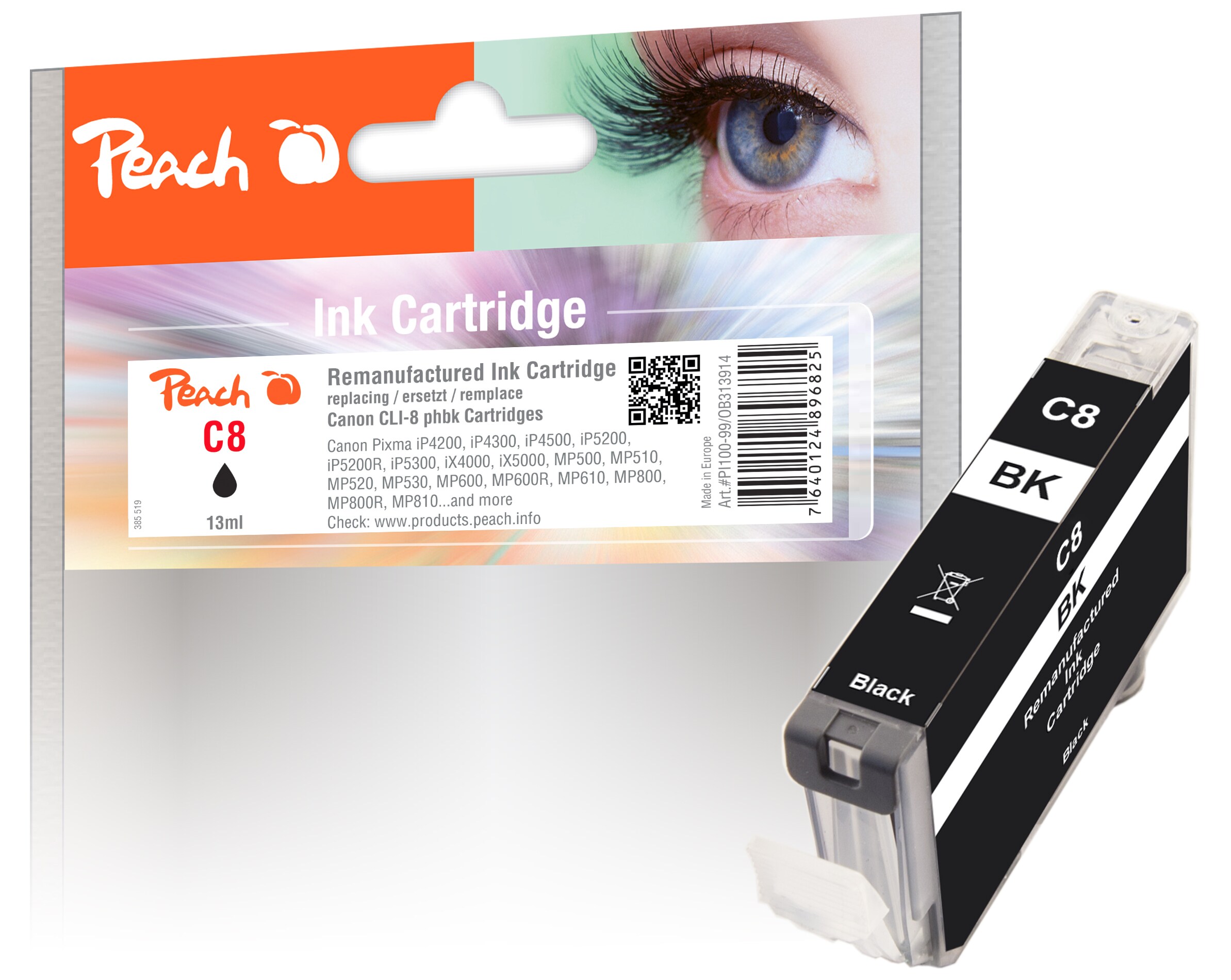Peach Tintenpatrone foto schwarz kompatibel zu Canon CLI-8BK, 0620B001, 0620B029 (wiederaufbereitet)