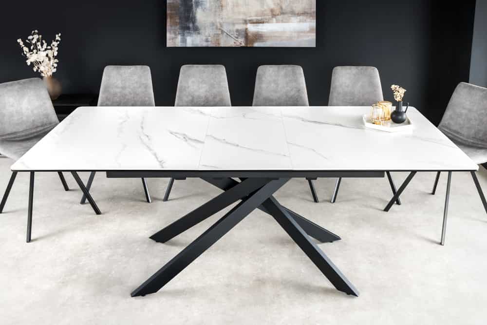 Ausziehbarer Esstisch ALPINE 160-200cm weiß Keramik Marmor schwarzes Metallgestell