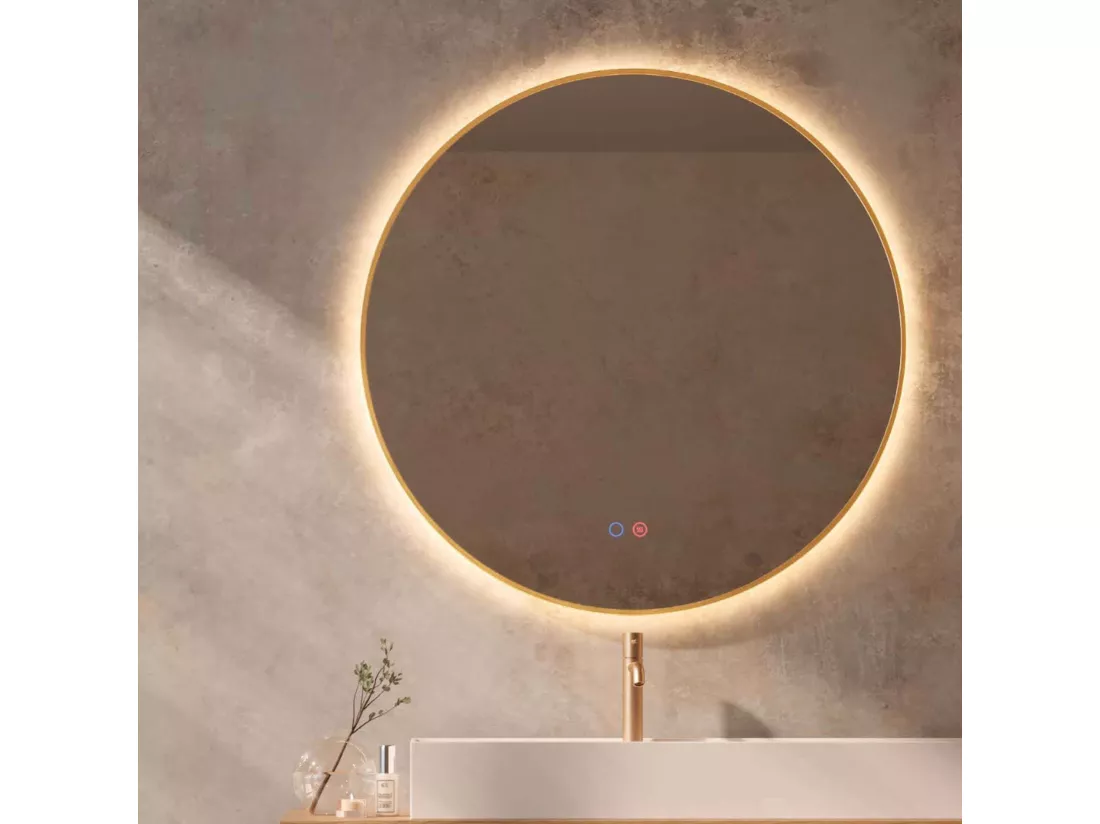 Miroir Salle de Bain FUN Ø60cm - Or Brossé - Rétro-éclairage T° Led Variable - Tactiles On/Off & Anti-Buée - LEDIMEX