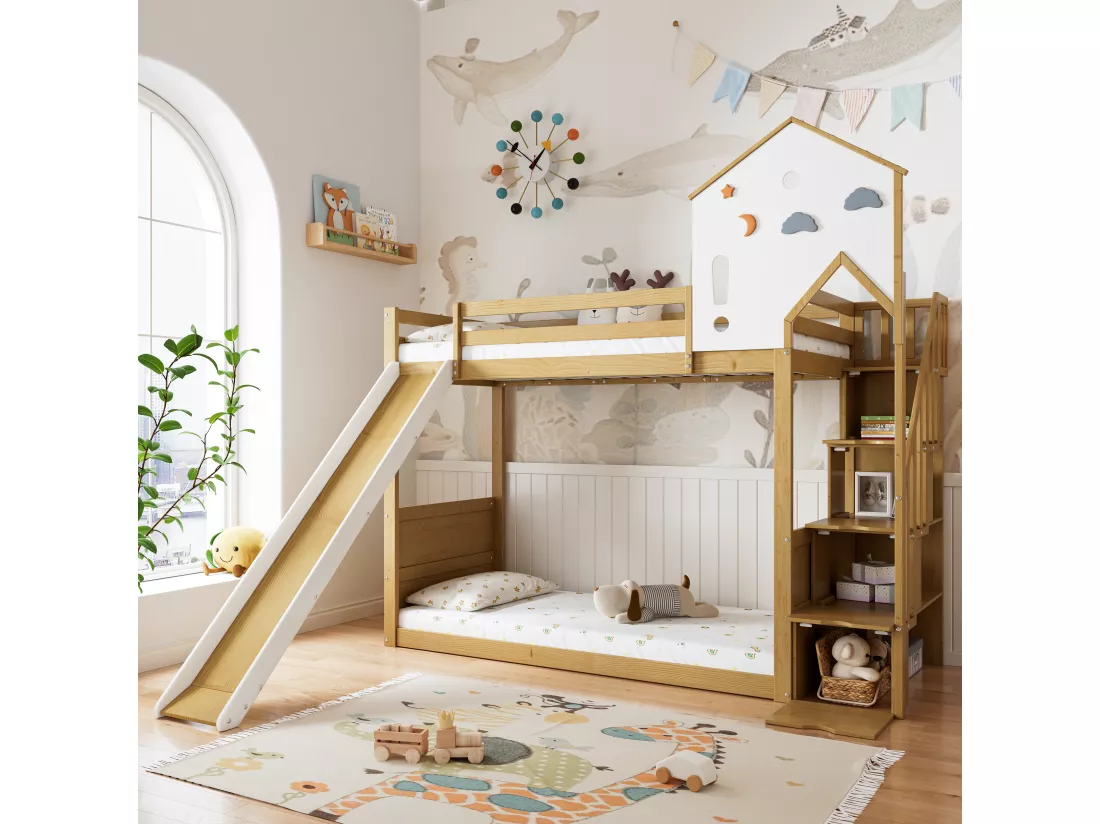 Lit superposé 2 x 90 x 200 cm avec 4 tiroirs, toboggan etétagères de rangement - pin + MDF - blanc+naturel (sans matelas)