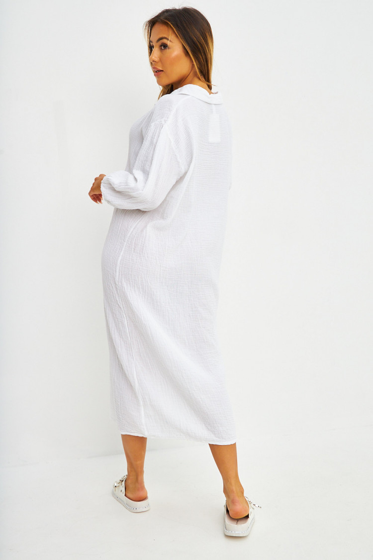 Robe chemise longue en coton texturé blanc