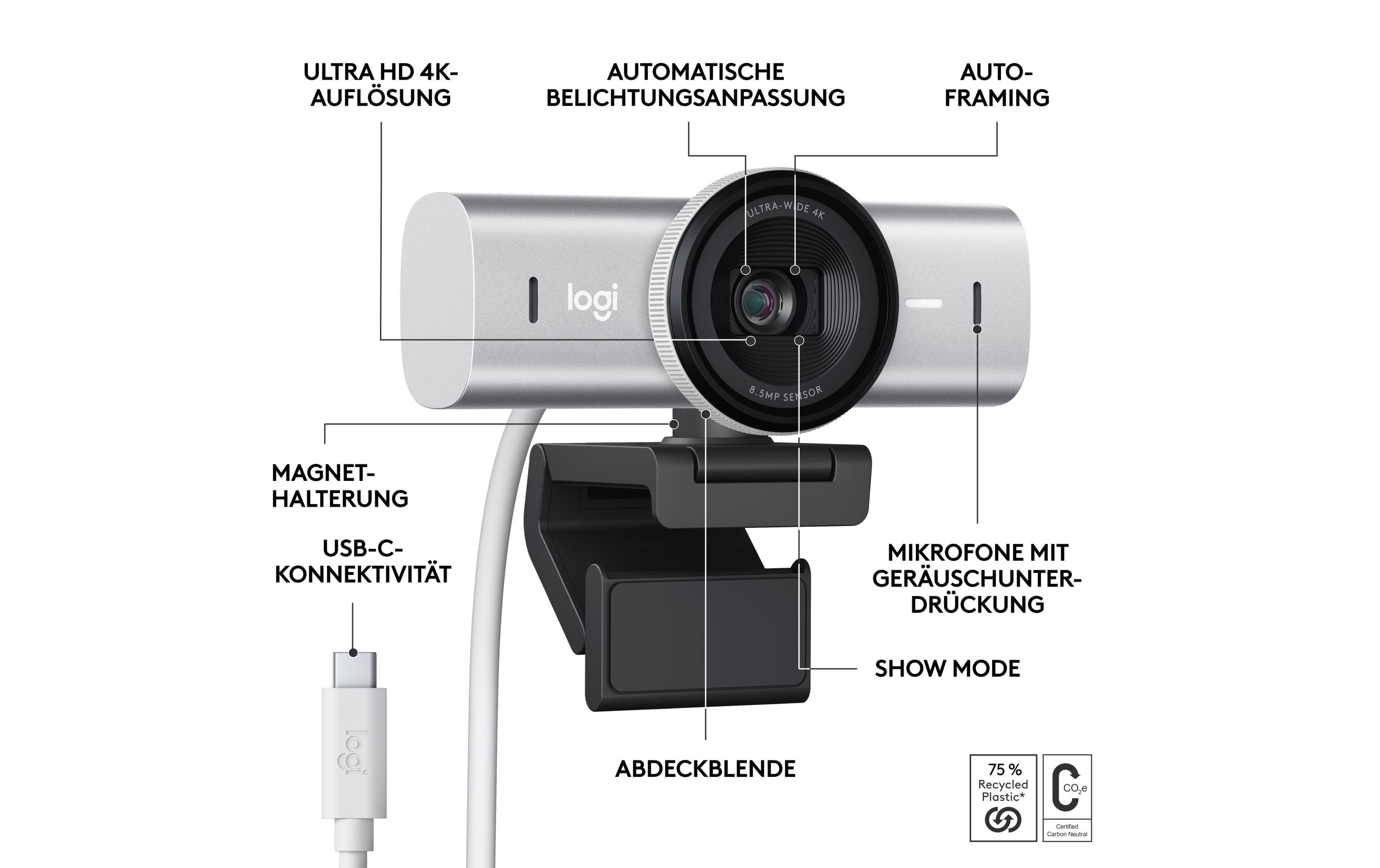 Webcam MX Brio 4K Pale Grey<br>4K-Webcam mit KI-gesteuerten Funktionen und erstklassiger Bildqualität