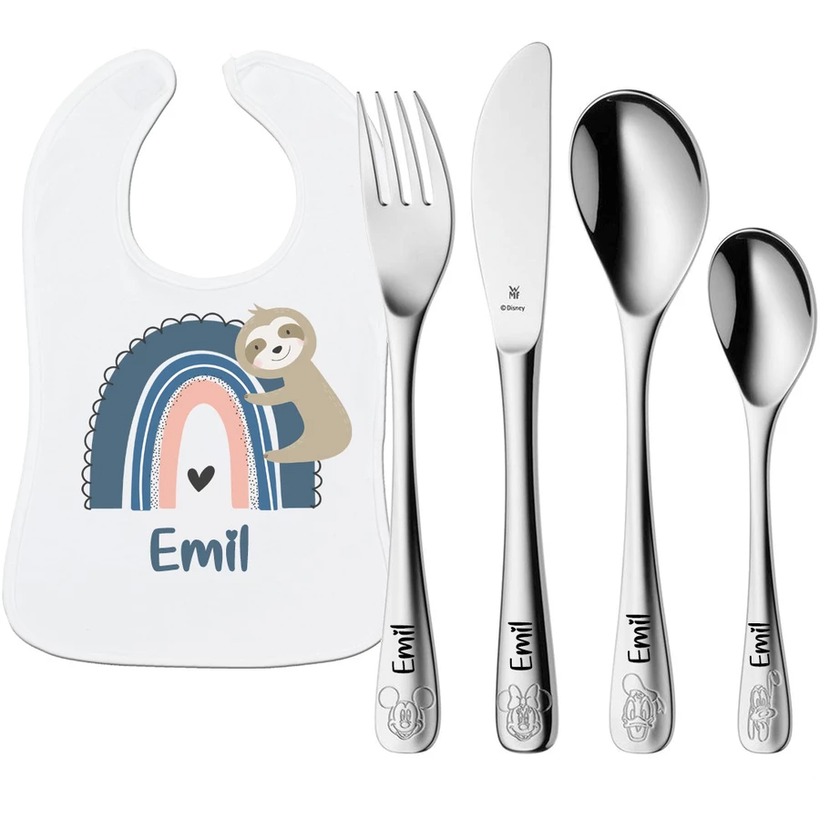 Schnullireich Geschenkset mit Namen WMF Kinderbesteck Mickey & Friends + Lätzchen Blue Rainbow Silber