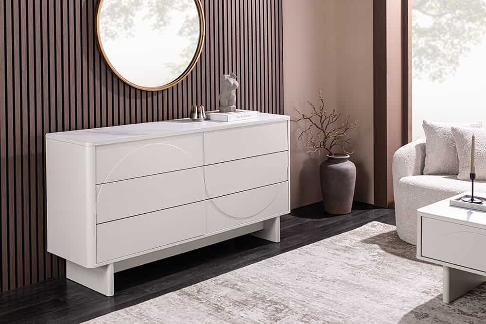 Design Sideboard SAVOY 150cm kaschmir weiß Marmor Keramik mit sechs Schubladen