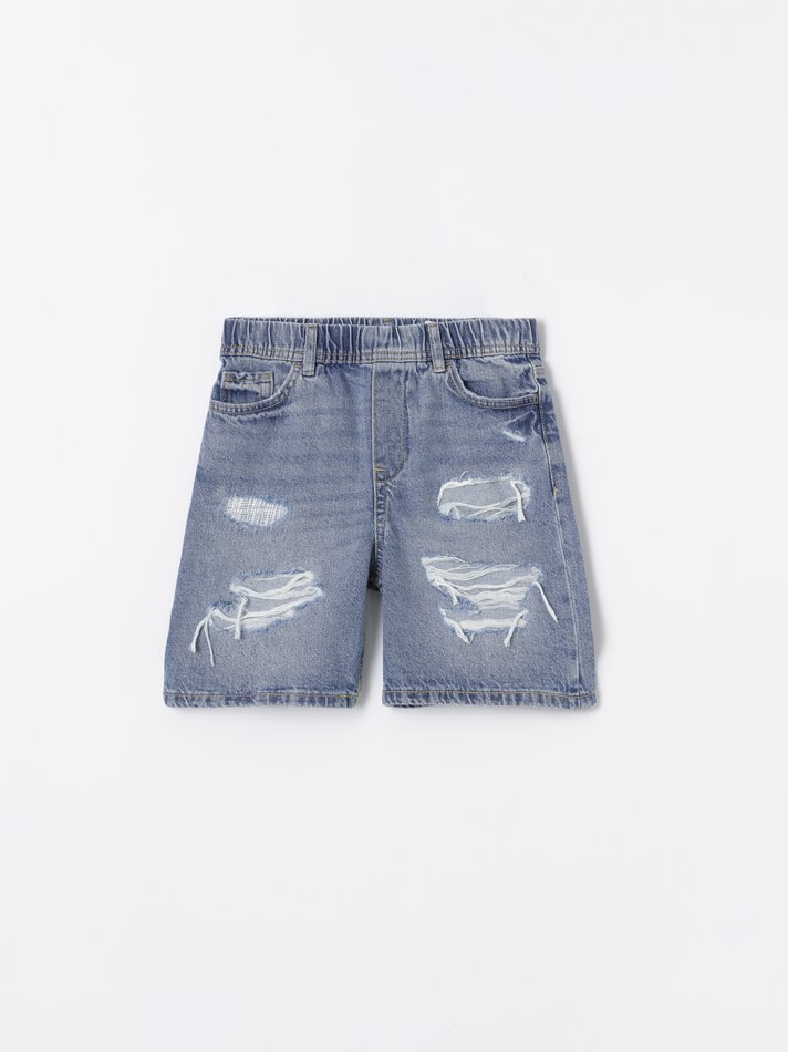 Bermuda jeans com rasgos - Azul-marinho