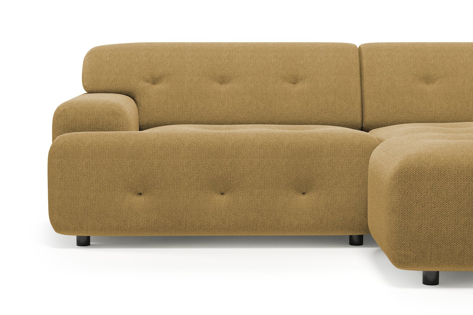 Bob sofa 1,5-seter med sjeselong høyre. Tekstil Mito 170 Mustard med sorte ben.