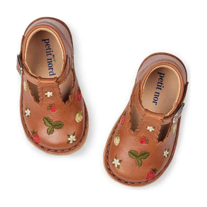 Petit Nord Salomés T-Bar Brodées Fraises - Collection Uniqua | Cognac