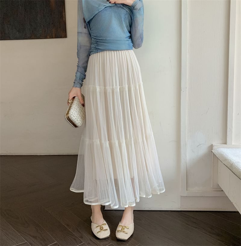 Luminato - Elastische taille, effen gelaagde mesh maxi-A-lijn rok