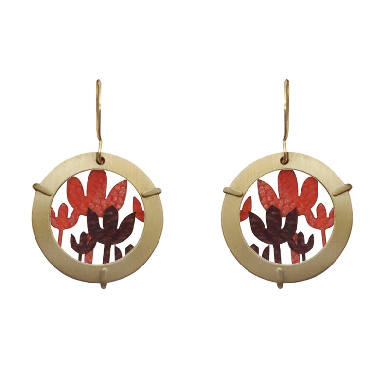 Boucles d'Oreilles Laiton Anneau et Fleurs en Cuir
