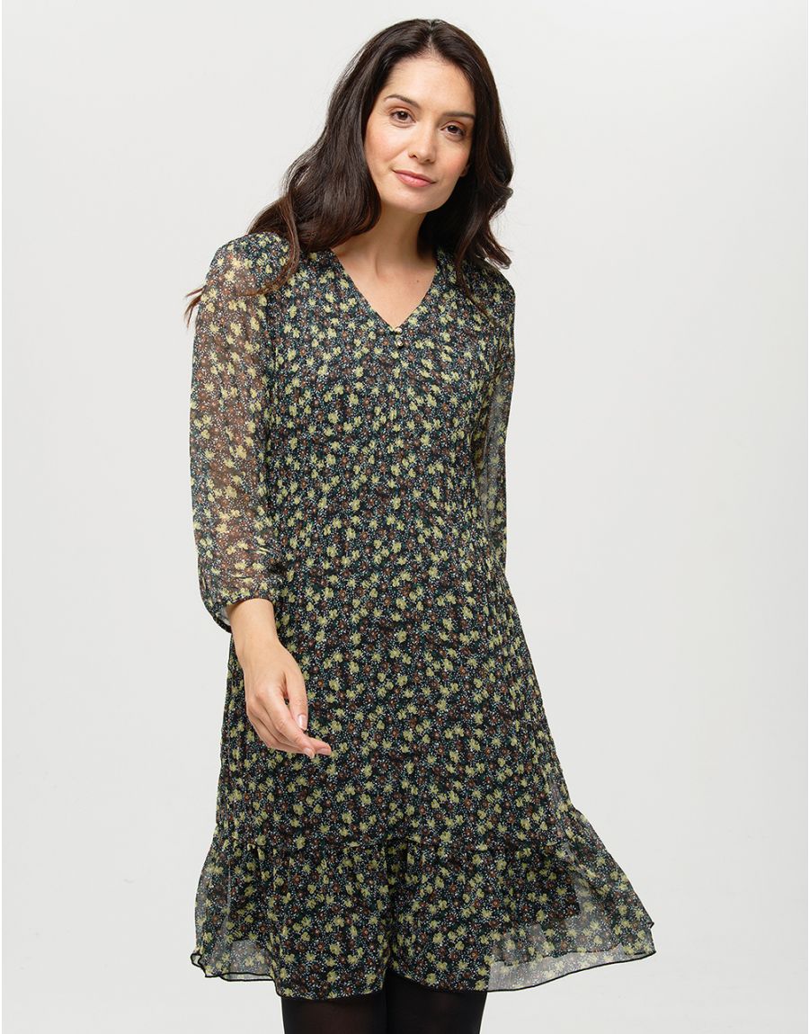 Robe plissée kaki fleurs