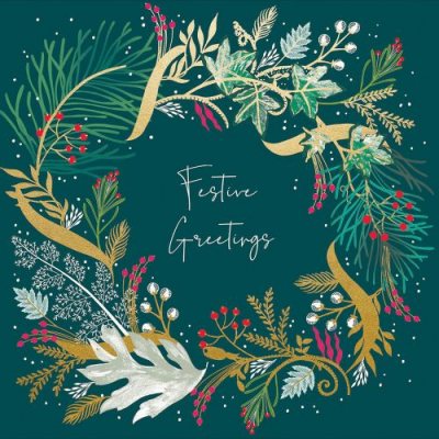 Festive Greetings Wreath on Green