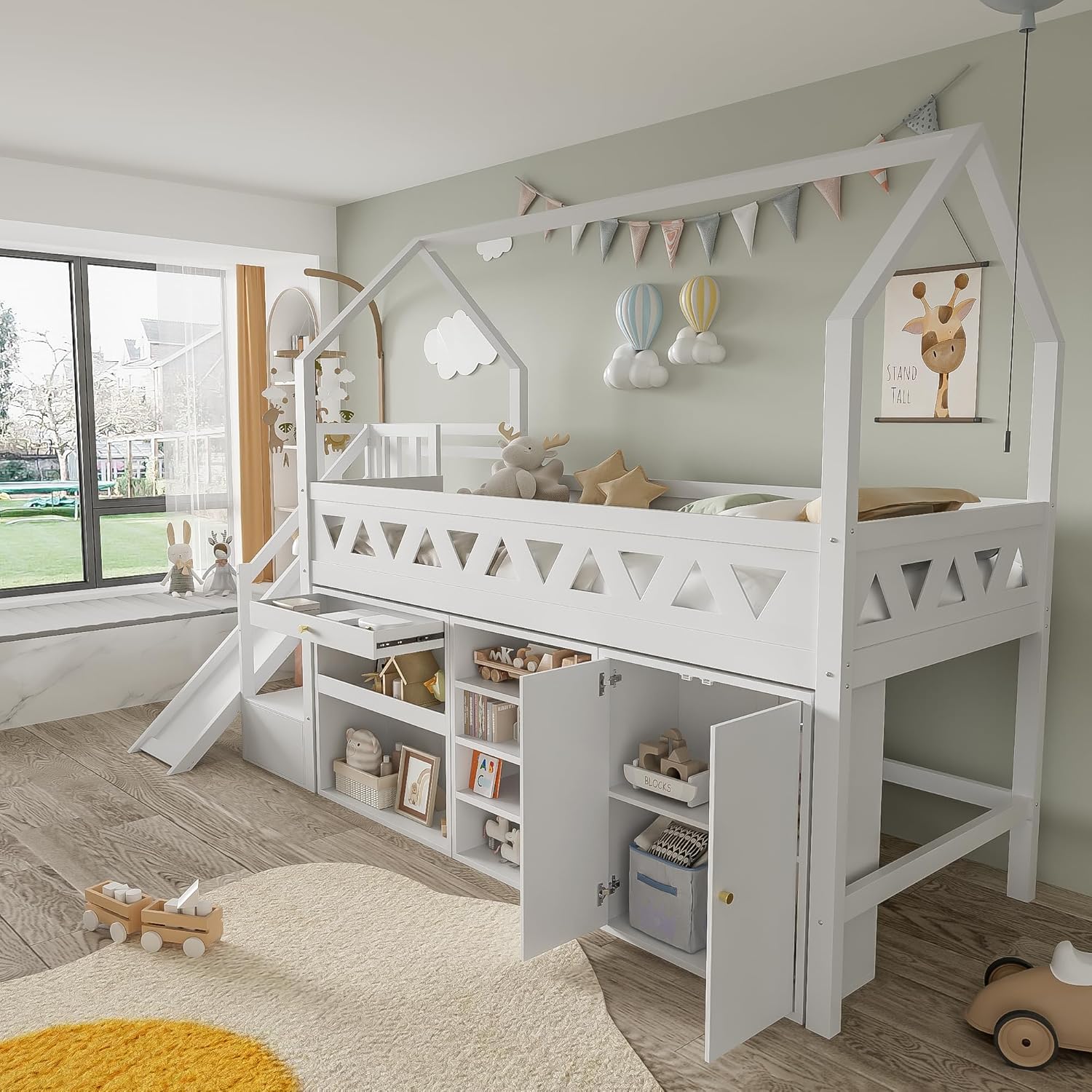 Merax Kinderbett Hochbett 90x200 cm, mit Treppe Staufach Stauraum,Rutsche,Schreibtisch,Schließfach,Platzsparendes Kinder Einzelbett mit Lattenrost und Rausfallschutz,Ohne Matratze,weiß,90 * 200cm