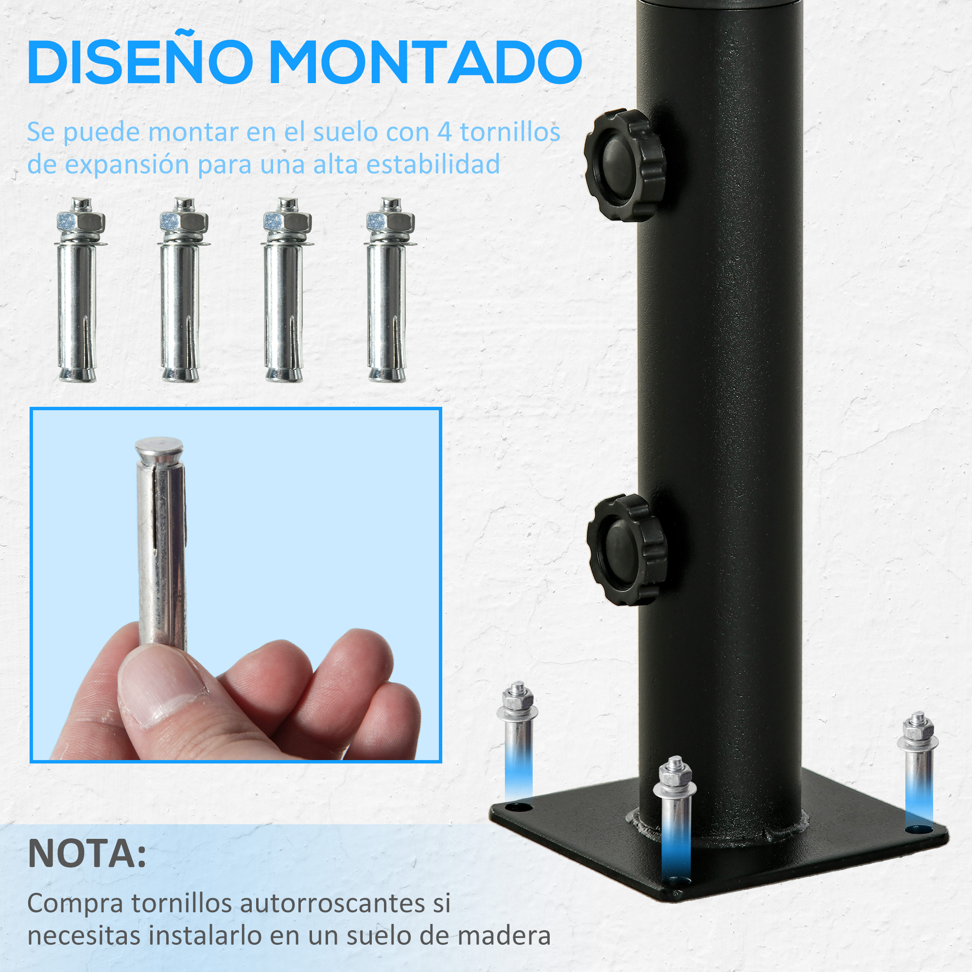 Suporte para guarda-sol Outsunny para pisos de cimento com 2 botões de travamento e 4 parafusos de expansão, base para hastes de guarda-sol de 34/38/48 mm, 12x12x30 cm, preto