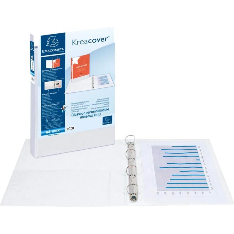 Classeur 4 anneaux cartonné Exacompta Kreacover® personnalisable A4 maxi - Dos 7,5 cm blanc
