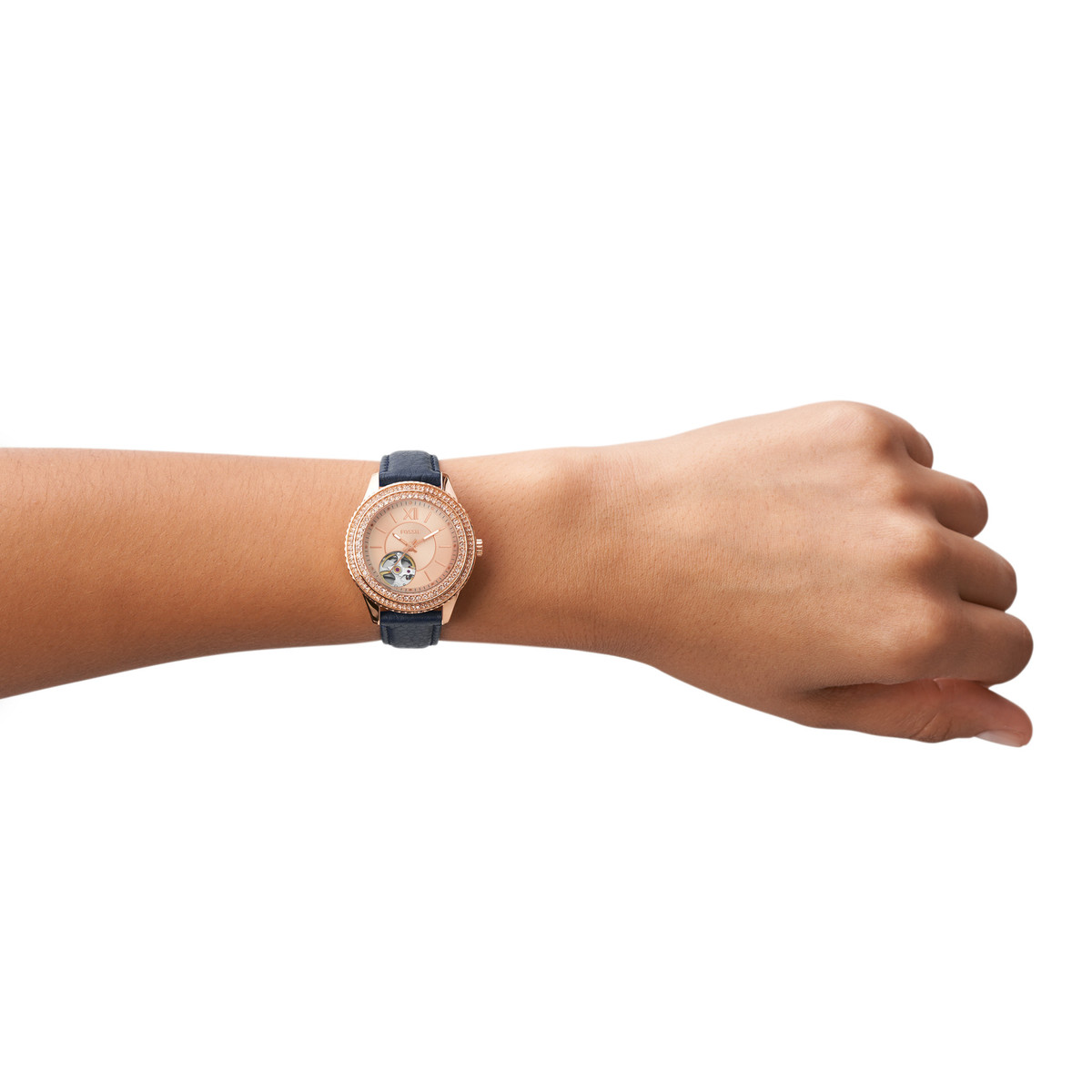 Montre FOSSIL femme automatique acier doré rose bracelet cuir bleu marine