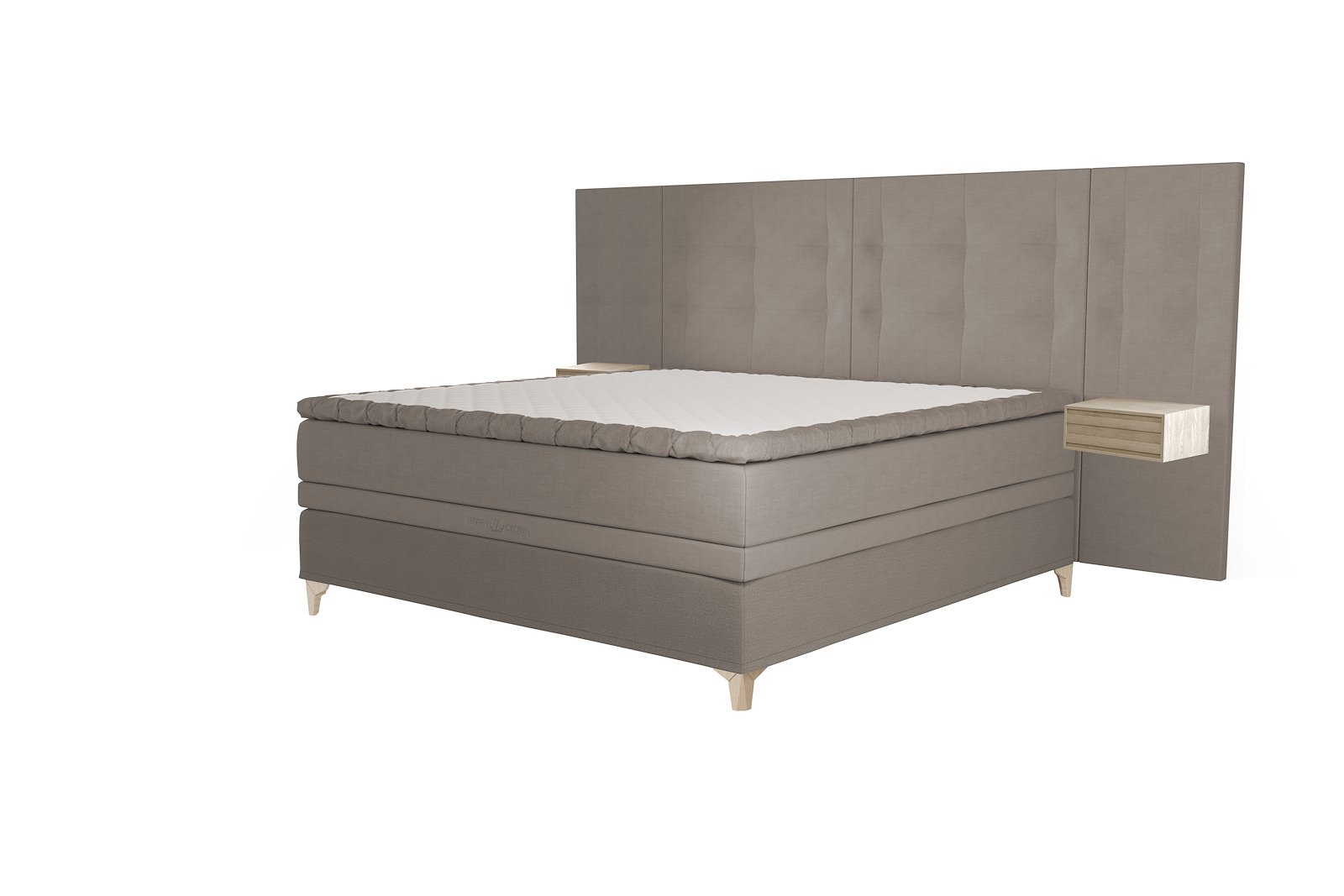 Majestic Crown kontinentalseng Tekstil 030/031 beige. 210x210 cm med Majestic overmadrass og Exact funksjon. Medium/Medium. Eicon ben hvitlasert eik. Uten hodegavl