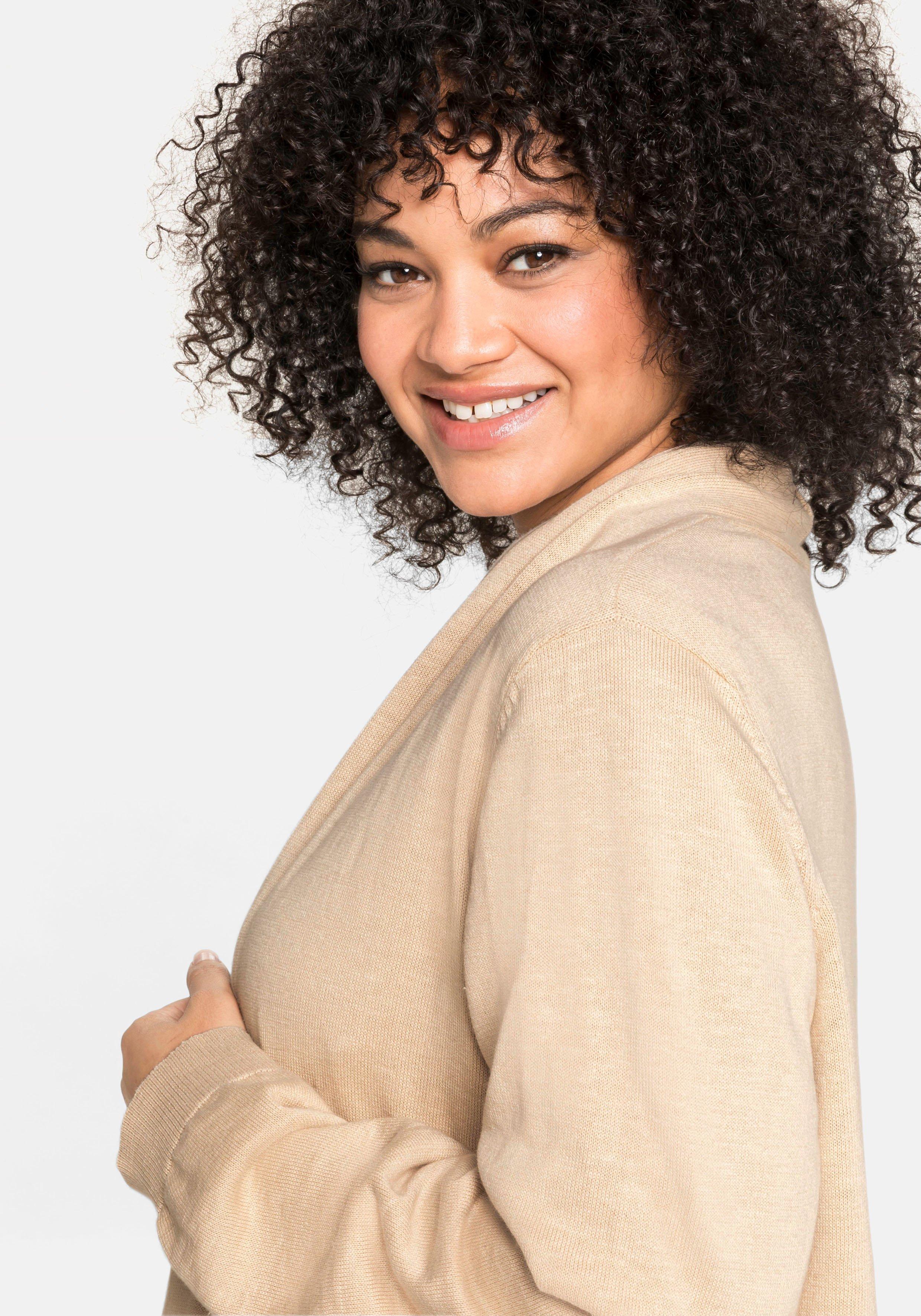 Strickjacke mit schmalem Schalkragen, offene Form