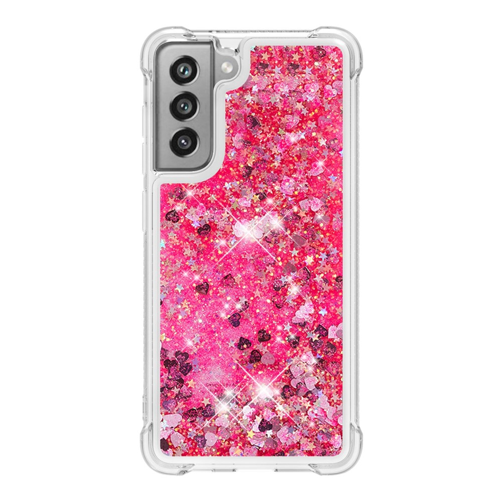 Samsung Galaxy S21 FE 5G Hardcase Hülle mit Air Cushion Fallschutz Liquid Case Glitzer Herzen - Pink / Transparent