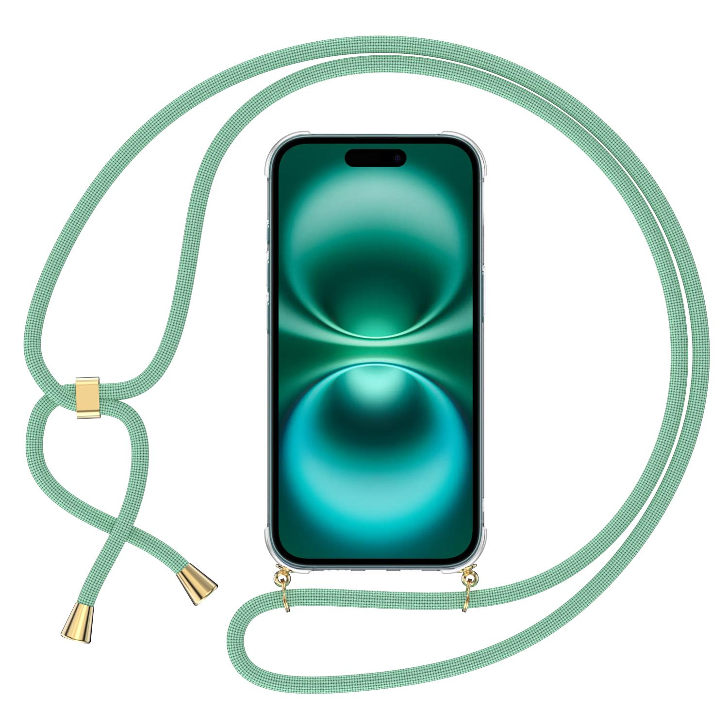 iPhone 16 Necklace Gummi Hülle Air Cushion Fallschutz   Handykette (150cm) - Türkis / Gold
