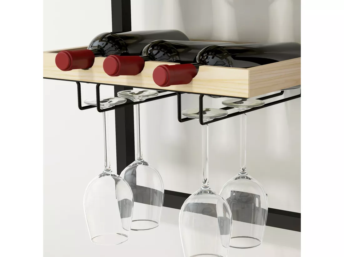 Étagère à bouteille, casier à bouteille mur, 5 niveaux pour 15 bouteilles 4 verres, pour bar à domicile cuisine salon, 35l x 25P x 86H cm, bois de pin, finition bois naturel