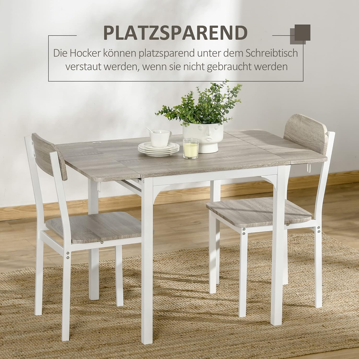 HOMCOM 3 TLG Esszimmergruppe Essgruppe mit 2 Stühlen und 1 Tisch Esstisch Set mit Klappbarer Tischplatte für Küche kleine Raume Stahl MDF Natur+Weiß 110 x 70 x 75 cm