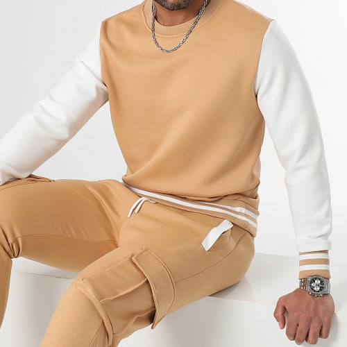 Ensemble Sweat Crewneck Et Pantalon Jogging 0141 Beige Blanc