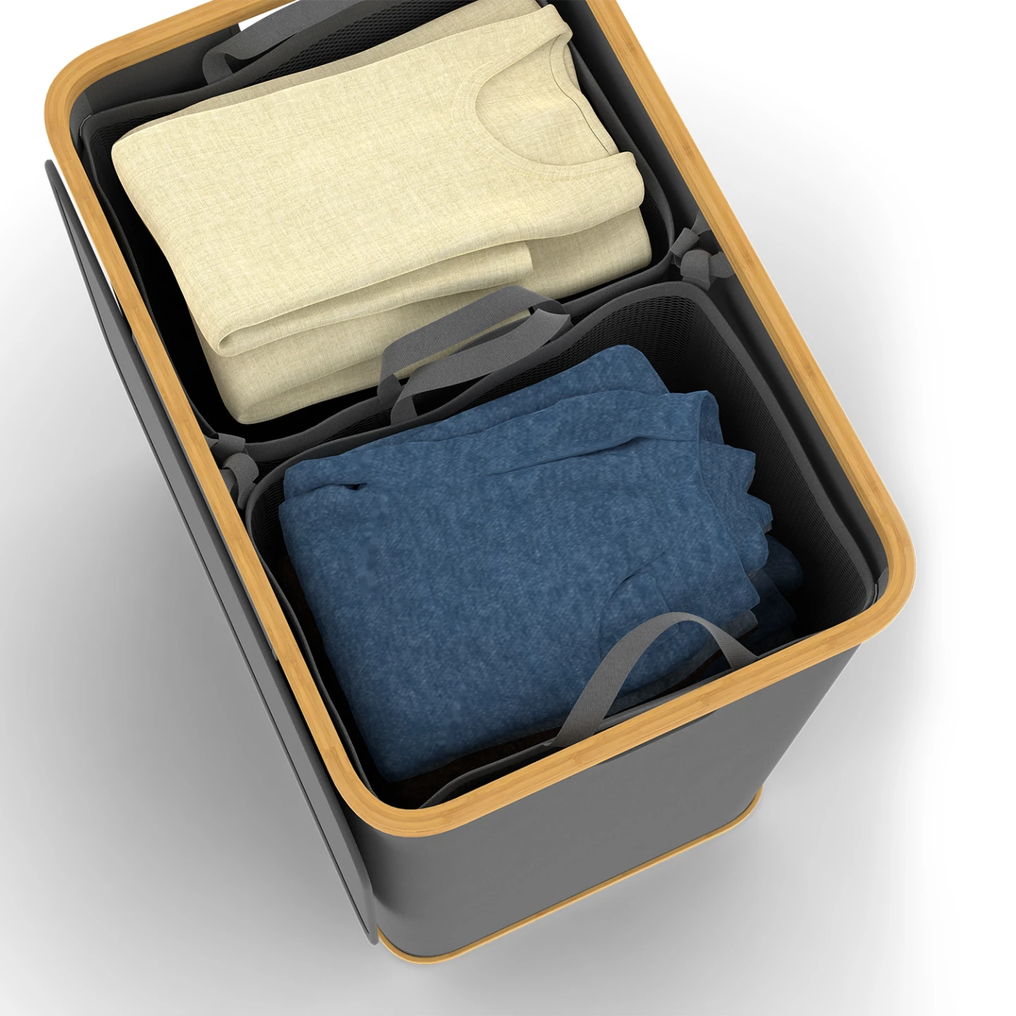 Panier à linge 140 L 2 bacs amovibles RITA en tissu et bambou gris anthracite