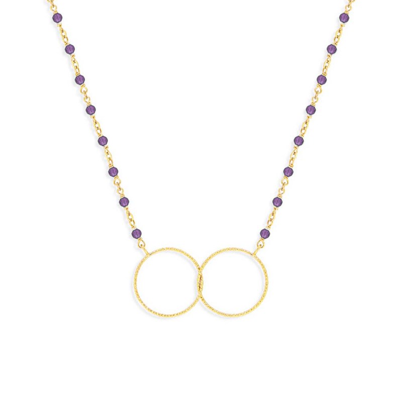 Collier Argent Doré Double Rond Et Pierre Amethyste
