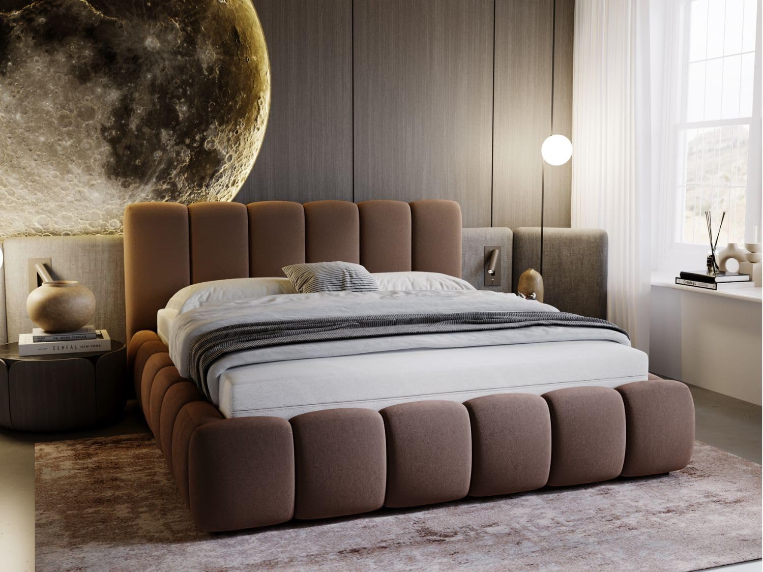GRAINGOLD Cloud Bett 200x200, Polsterbett mit Bettkasten, Polsterbett mit Stauraum, Samt, mit Lattenrost, mit Kopfteil, ohne Matratze (Braun, 200x200)