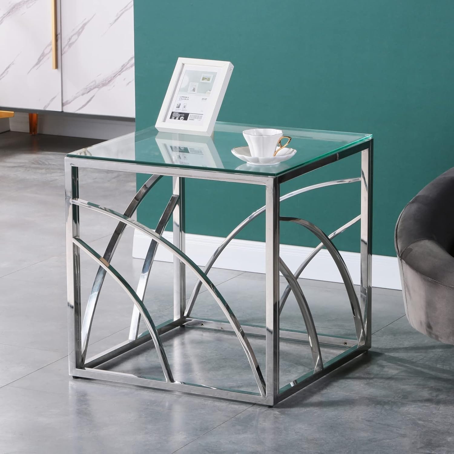 Beistelltische Couchtisch Sofatisch für Wohnzimmer, Schlafzimmer Küche Café und Bar, moderner Kaffeetisch mit Edelstahl Gestell und transparentem Hartglas (quadratisch silbern)