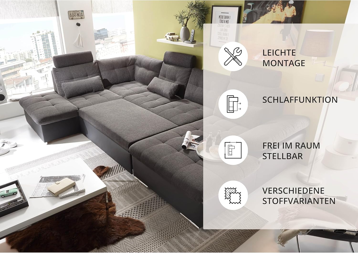JAKARTA Wohnlandschaft in U-Form in Lederoptik, Dunkelgrau / Anthrazit - Ausziehbares Sofa mit Schlaffunktion & Bettkasten - 324 x 107 x 170 (218) cm (B/H/T)