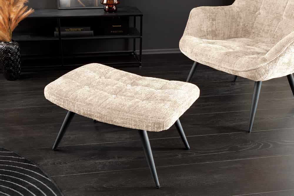 Moderner Hocker SCANDINAVIA champagner Chenille Cremona Metallbeine Fußhocker