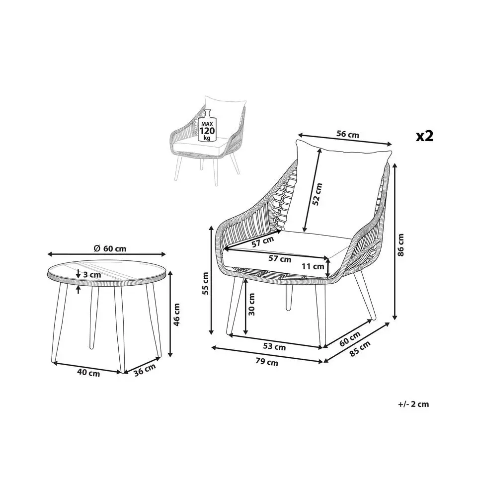 LAURETO - Bistroset voor 2 - Natuurlijk - PE rotan